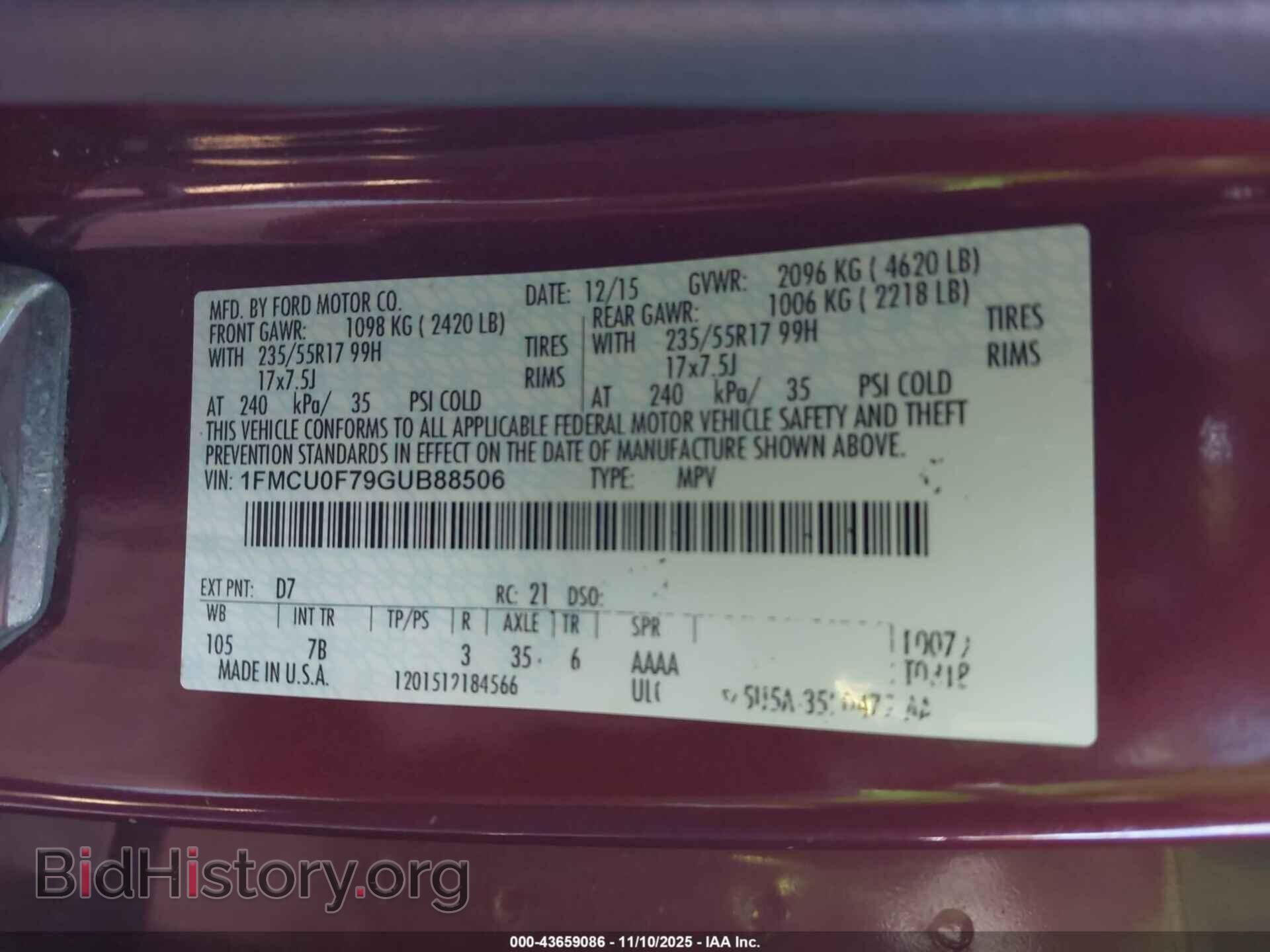 2016 FORD ESCAPE - VIN: 1FMCU0F79GUB88506 - Фото 9
