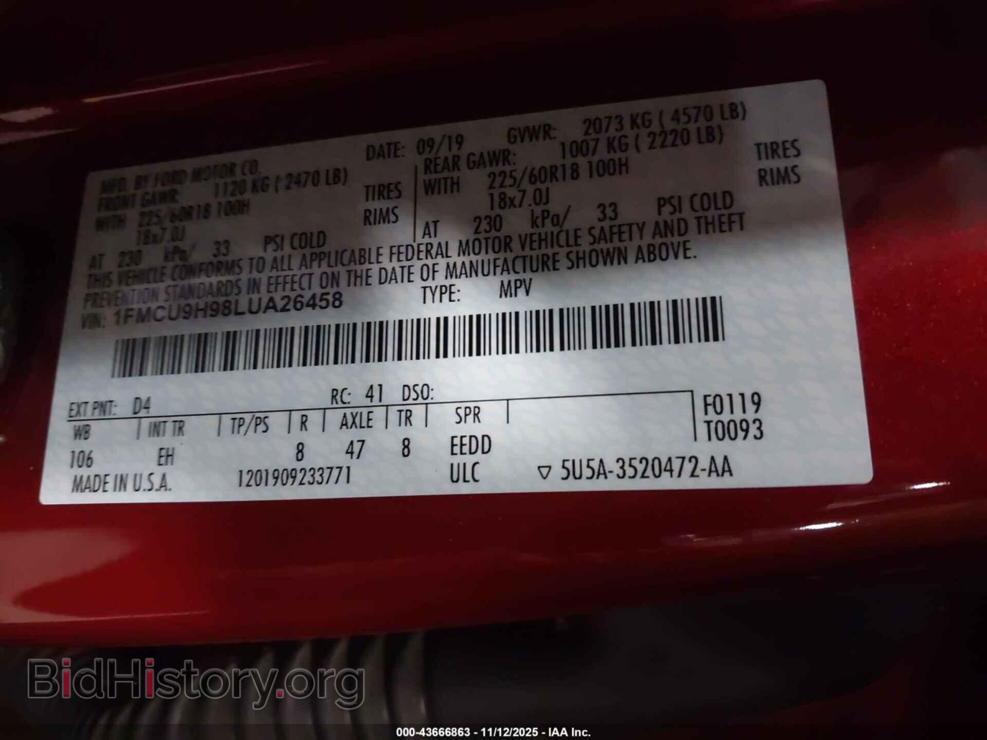 2020 FORD ESCAPE - VIN: 1FMCU9H98LUA26458 - Фото 9