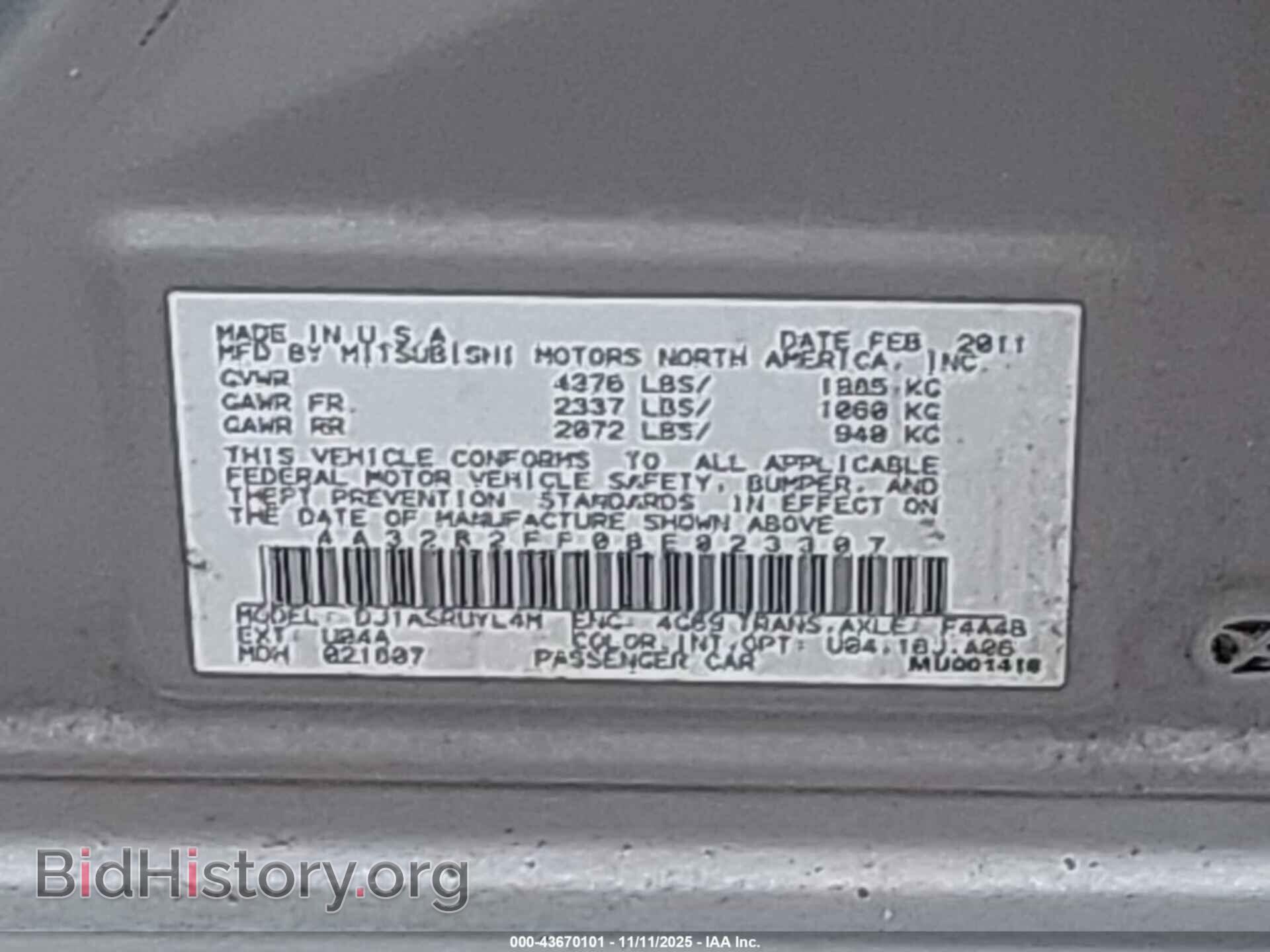 2011 MITSUBISHI GALANT - VIN: 4A32B2FF0BE023307 - Фото 9
