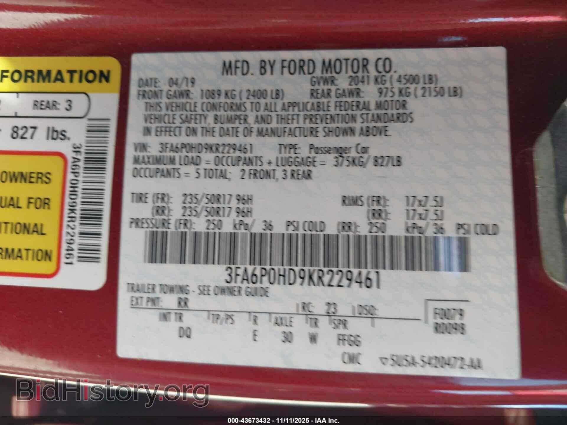2019 FORD FUSION - VIN: 3FA6P0HD9KR229461 - Photo 9