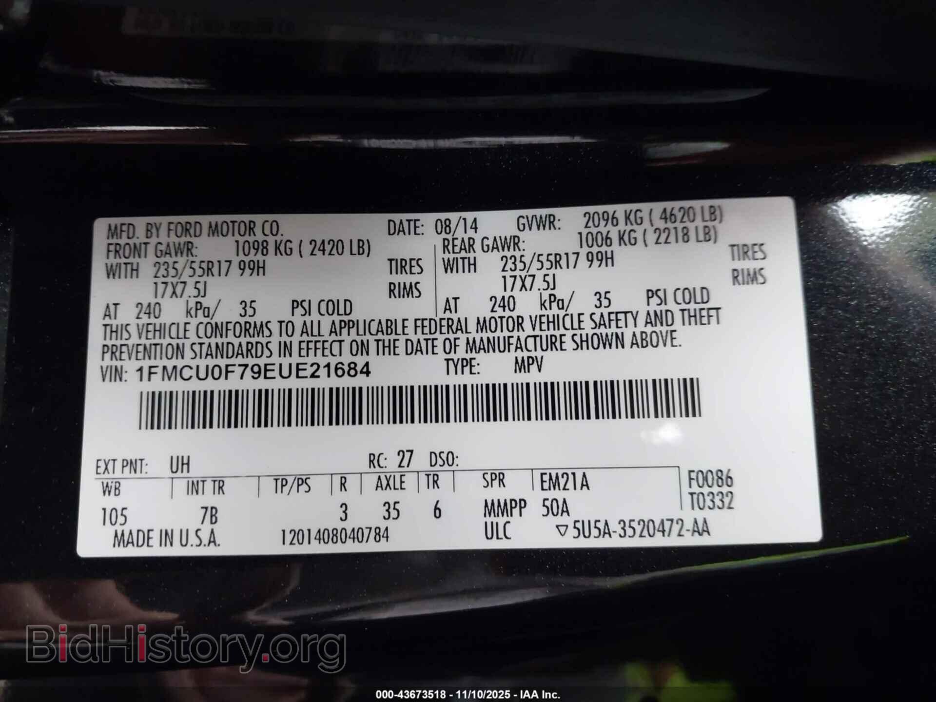 2014 FORD ESCAPE - VIN: 1FMCU0F79EUE21684 - Фото 9