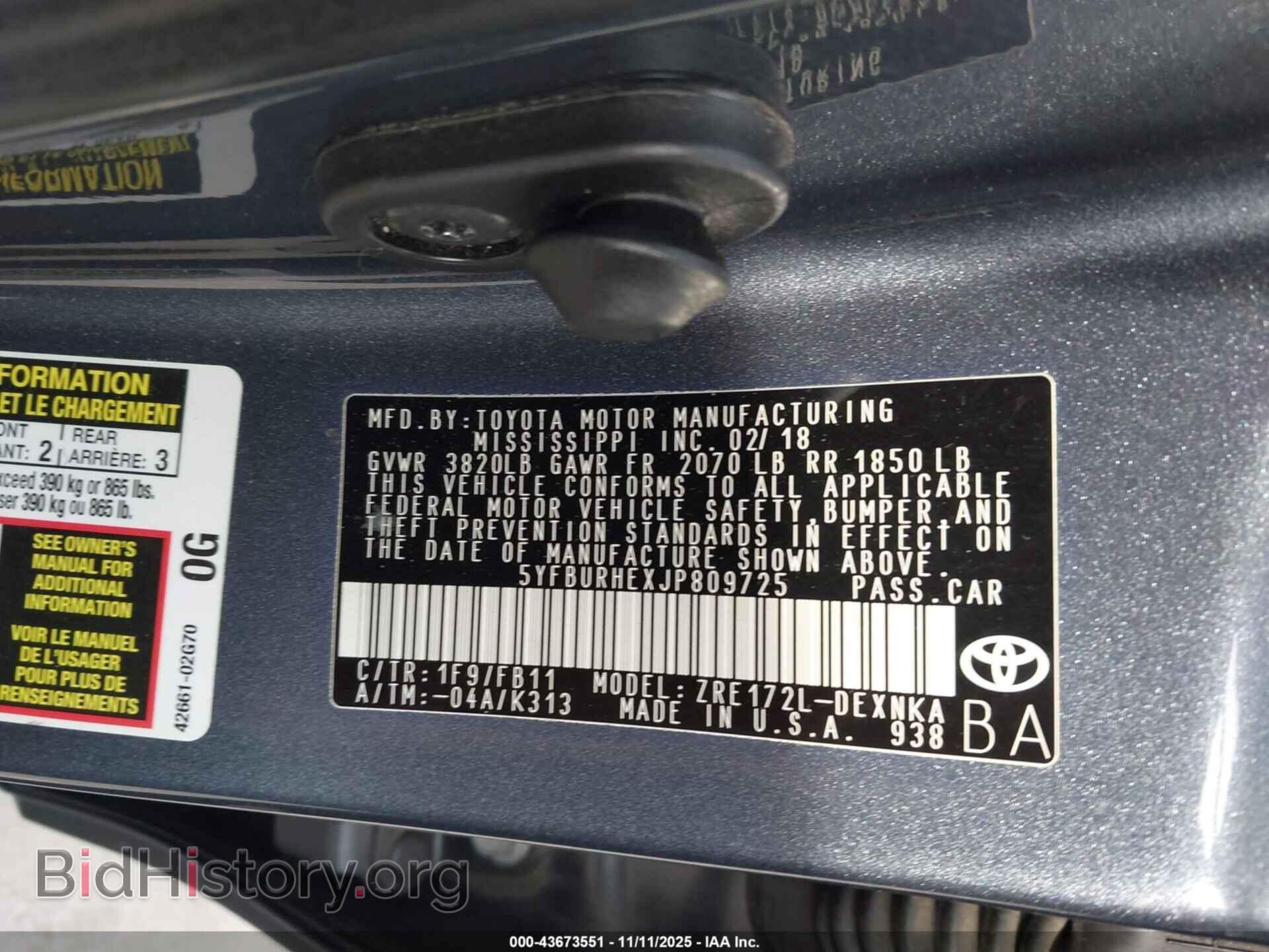 2018 TOYOTA COROLLA - VIN: 5YFBURHEXJP809725 - Фото 9