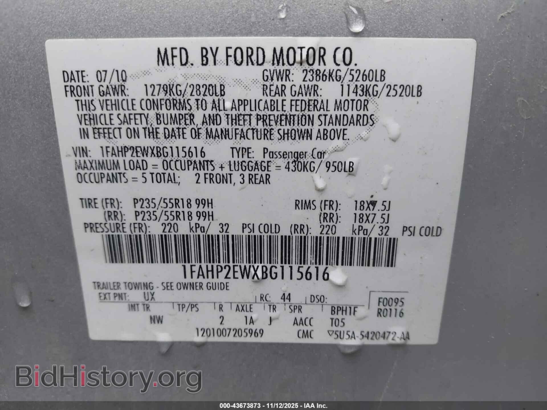 2011 FORD TAURUS - VIN: 1FAHP2EWXBG115616 - Фото 9