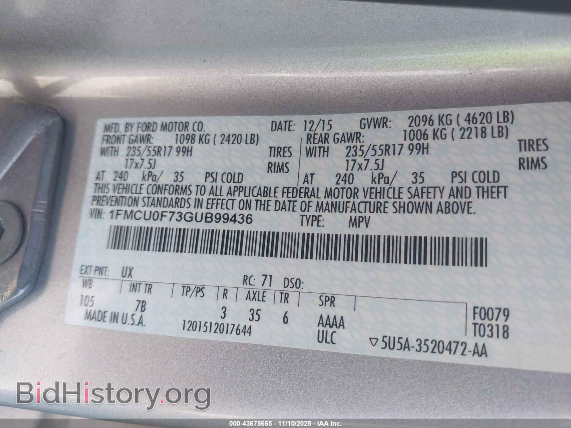 2016 FORD ESCAPE - VIN: 1FMCU0F73GUB99436 - Фото 9