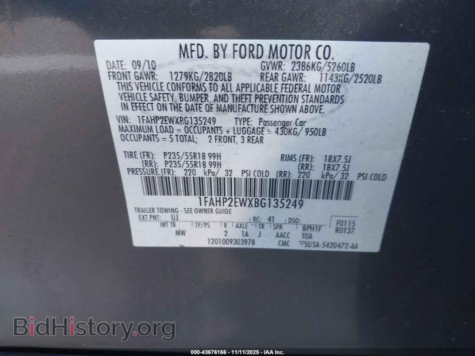 2011 FORD TAURUS - VIN: 1FAHP2EWXBG135249 - Фото 9
