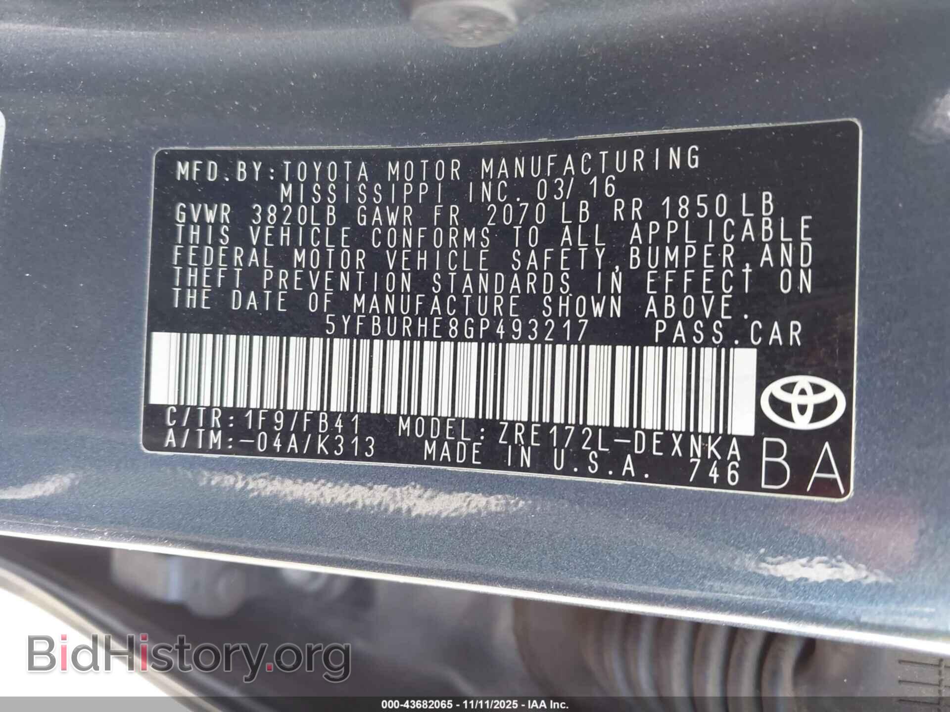 2016 TOYOTA COROLLA - VIN: 5YFBURHE8GP493217 - Фото 9