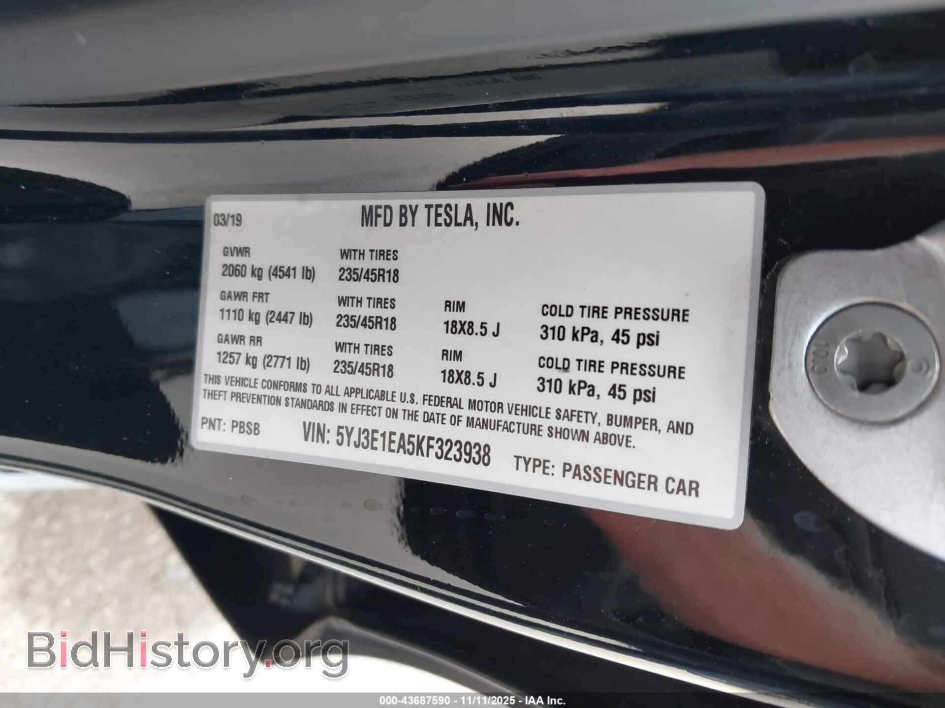 2019 TESLA MODEL 3 - VIN: 5YJ3E1EA5KF323938 - Фото 9