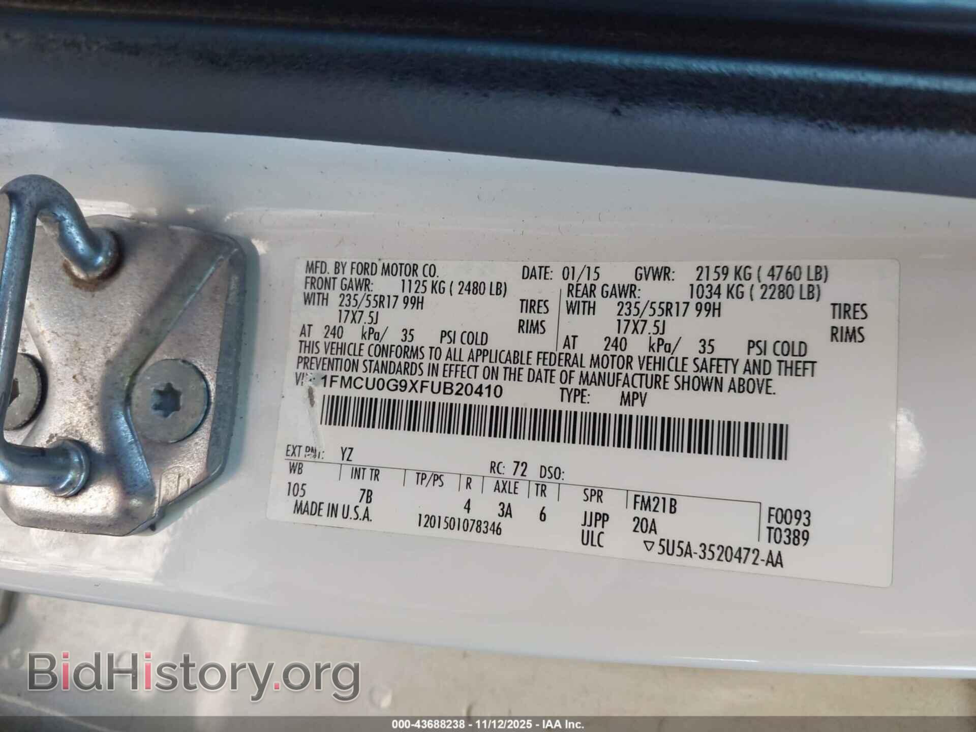 2015 FORD ESCAPE - VIN: 1FMCU0G9XFUB20410 - Фото 9