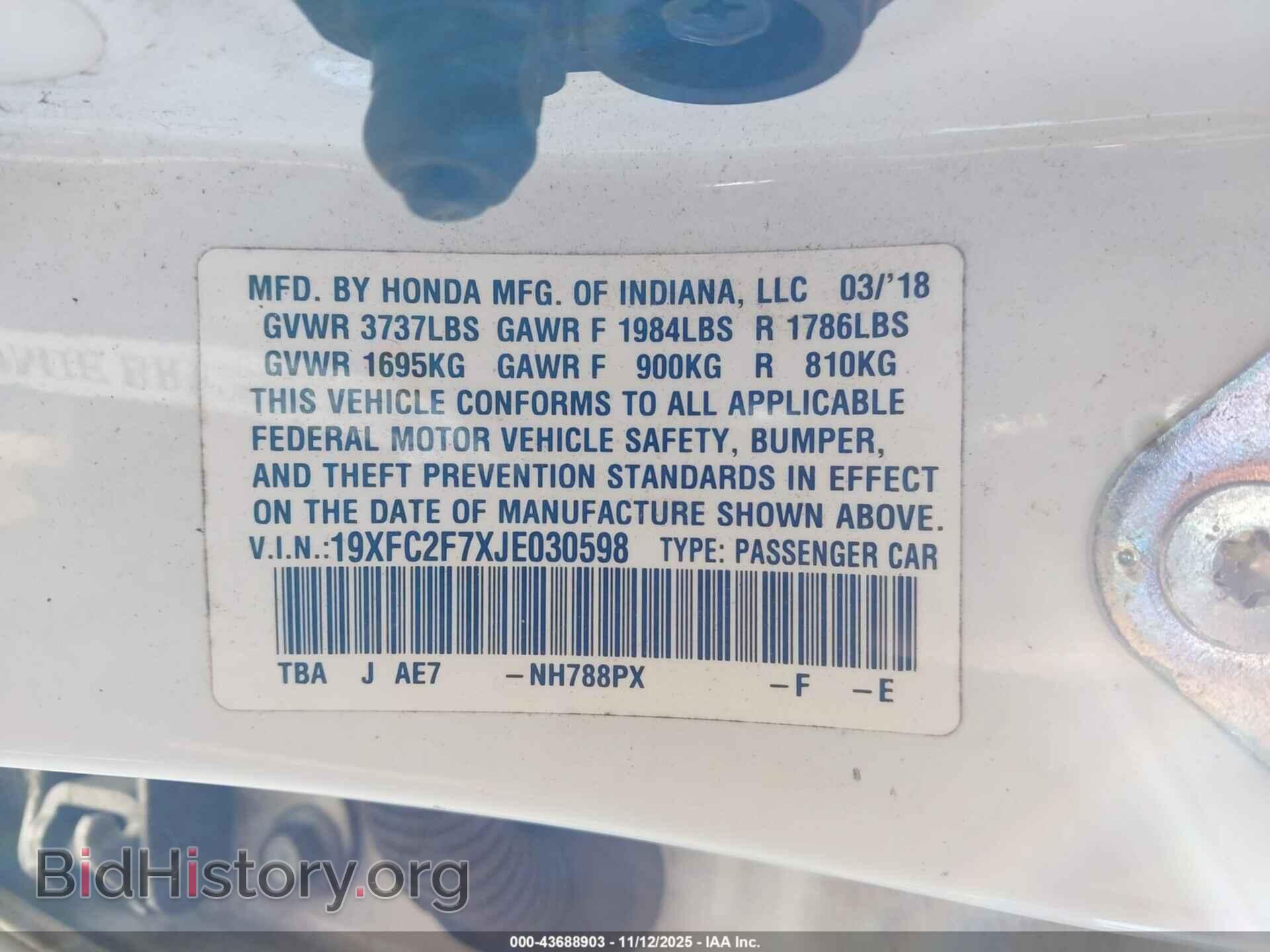 2018 HONDA CIVIC - VIN: 19XFC2F7XJE030598 - Фото 9