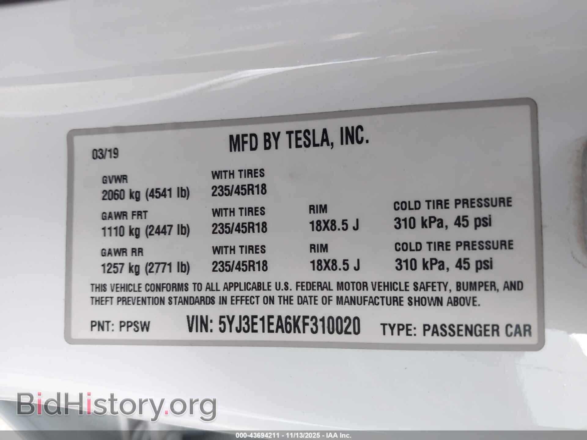 2019 TESLA MODEL 3 - VIN: 5YJ3E1EA6KF310020 - Фото 9