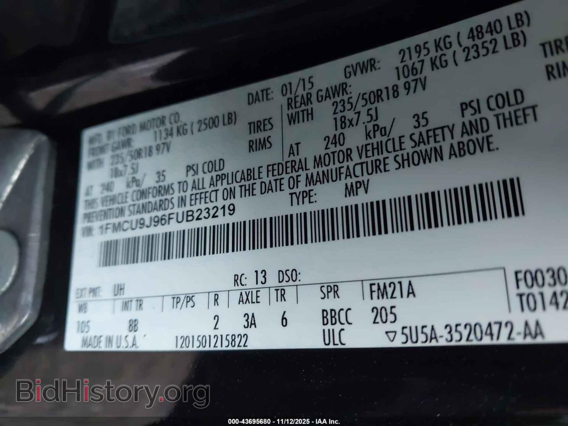 2015 FORD ESCAPE - VIN: 1FMCU9J96FUB23219 - Фото 9