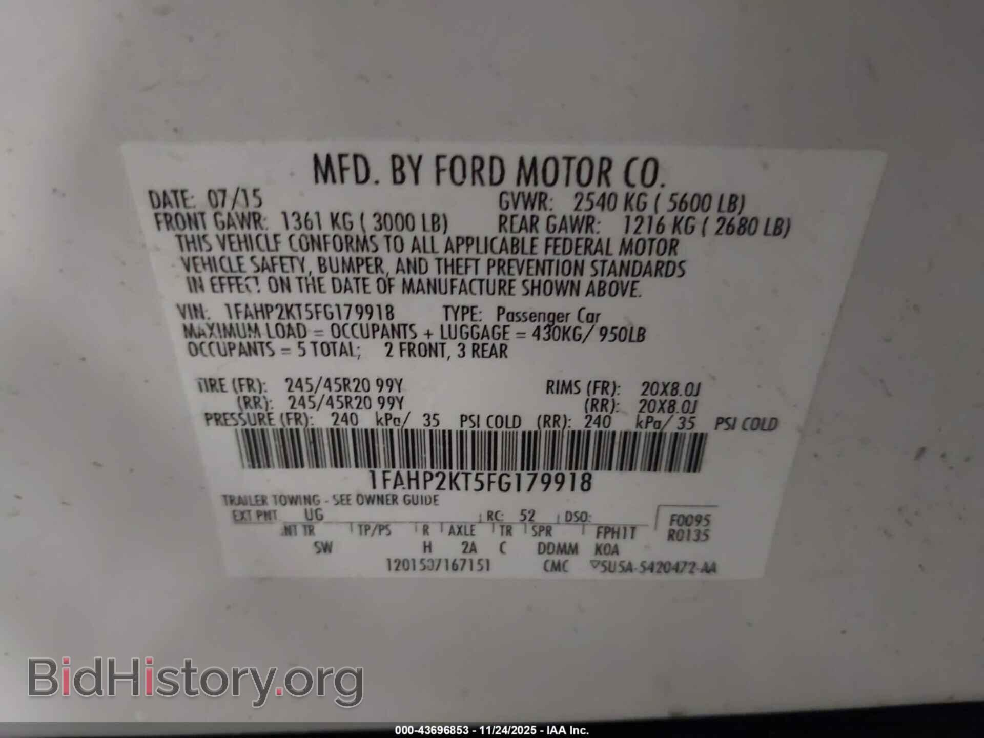 2015 FORD TAURUS - VIN: 1FAHP2KT5FG179918 - Фото 9