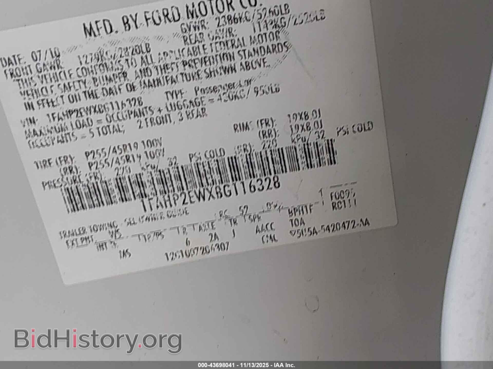 2011 FORD TAURUS - VIN: 1FAHP2EWXBG116328 - Фото 9