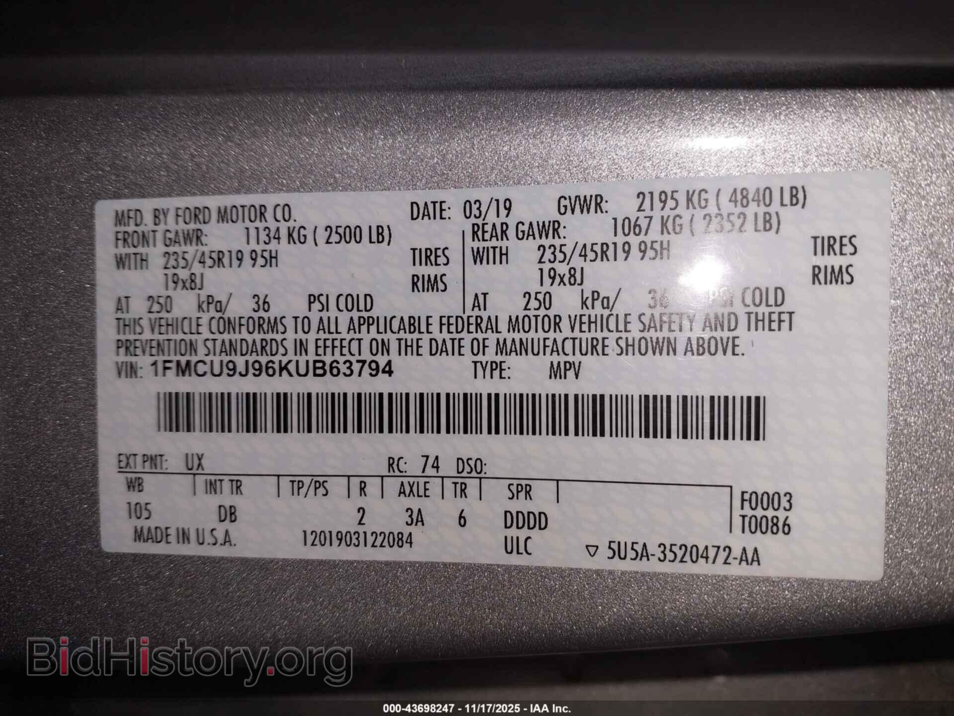 2019 FORD ESCAPE - VIN: 1FMCU9J96KUB63794 - Фото 9