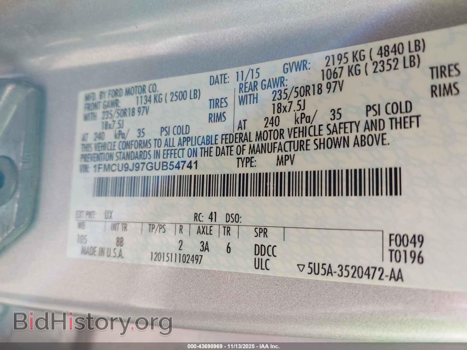 2016 FORD ESCAPE - VIN: 1FMCU9J97GUB54741 - Photo 9