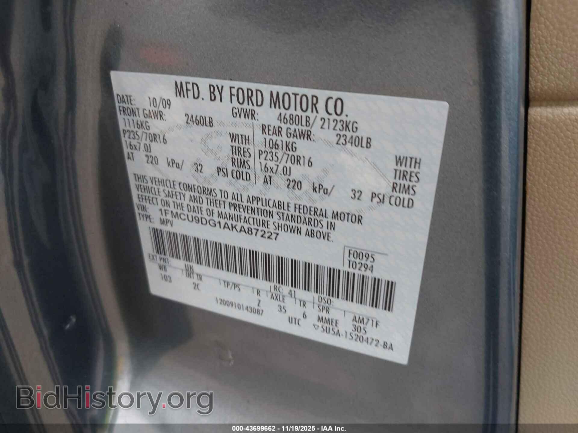 2010 FORD ESCAPE - VIN: 1FMCU9DG1AKA87227 - Фото 9