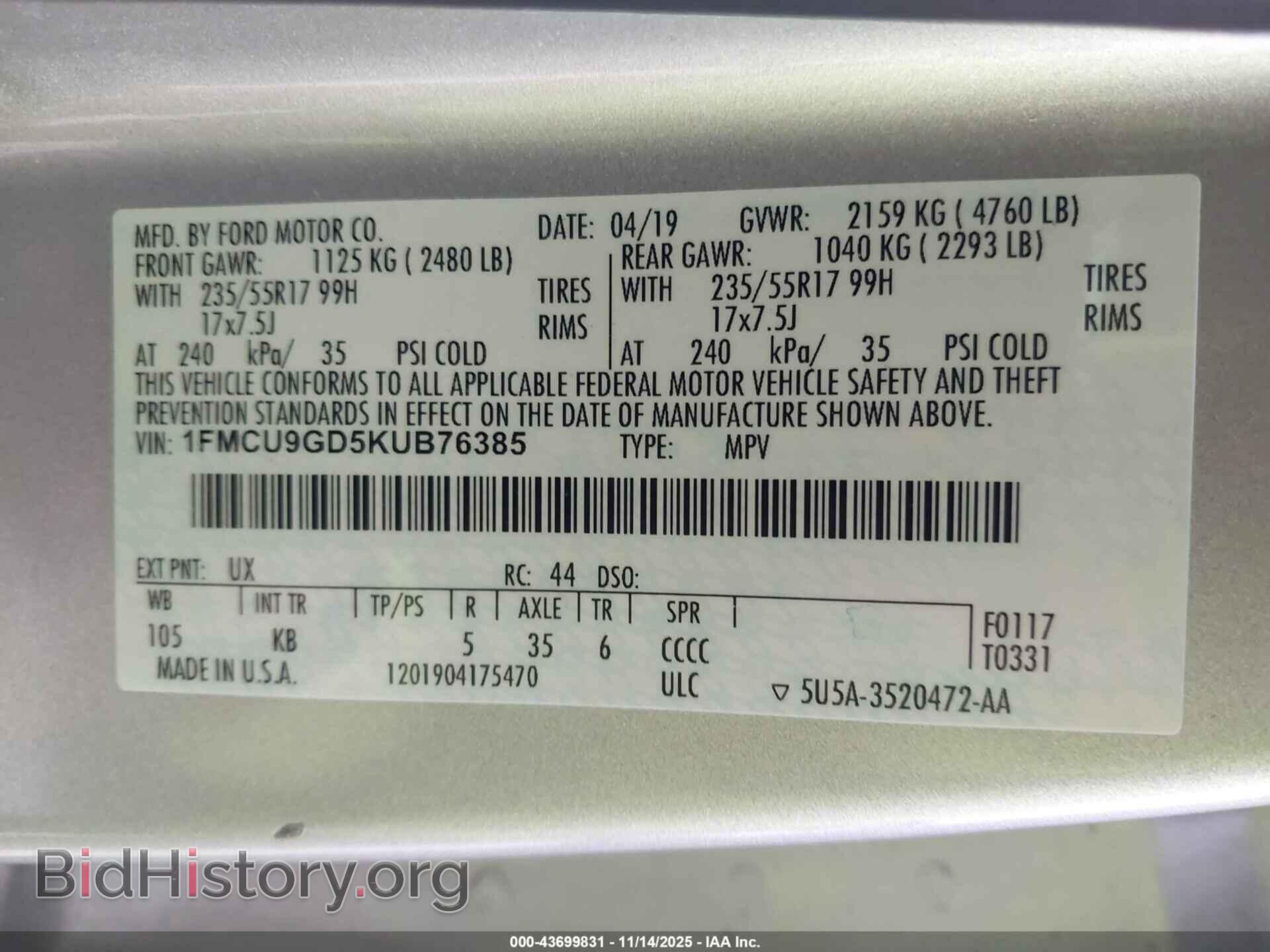 2019 FORD ESCAPE - VIN: 1FMCU9GD5KUB76385 - Фото 9