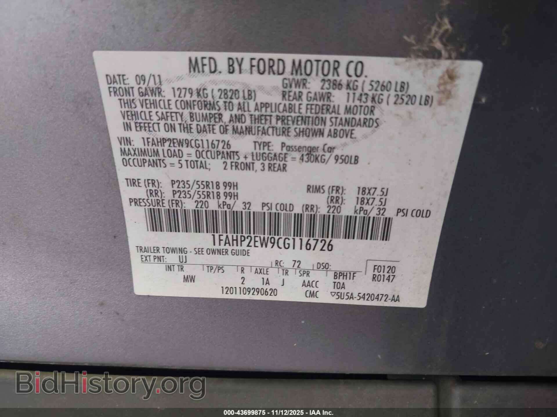 2012 FORD TAURUS - VIN: 1FAHP2EW9CG116726 - Photo 9