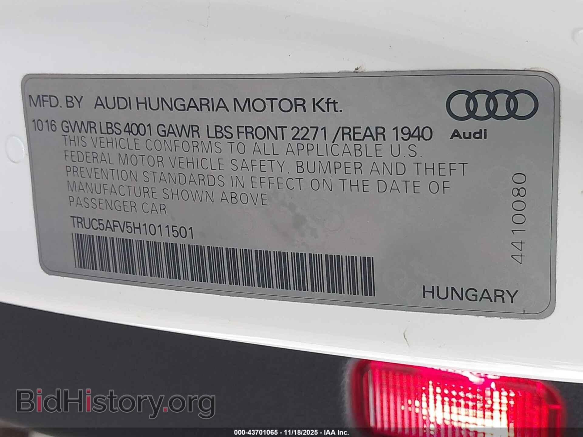 2017 AUDI TT - VIN: TRUC5AFV5H1011501 - Фото 9