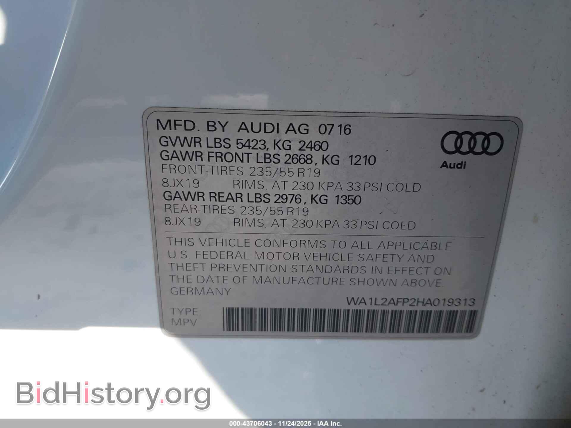 2017 AUDI Q5 - VIN: WA1L2AFP2HA019313 - Фото 9