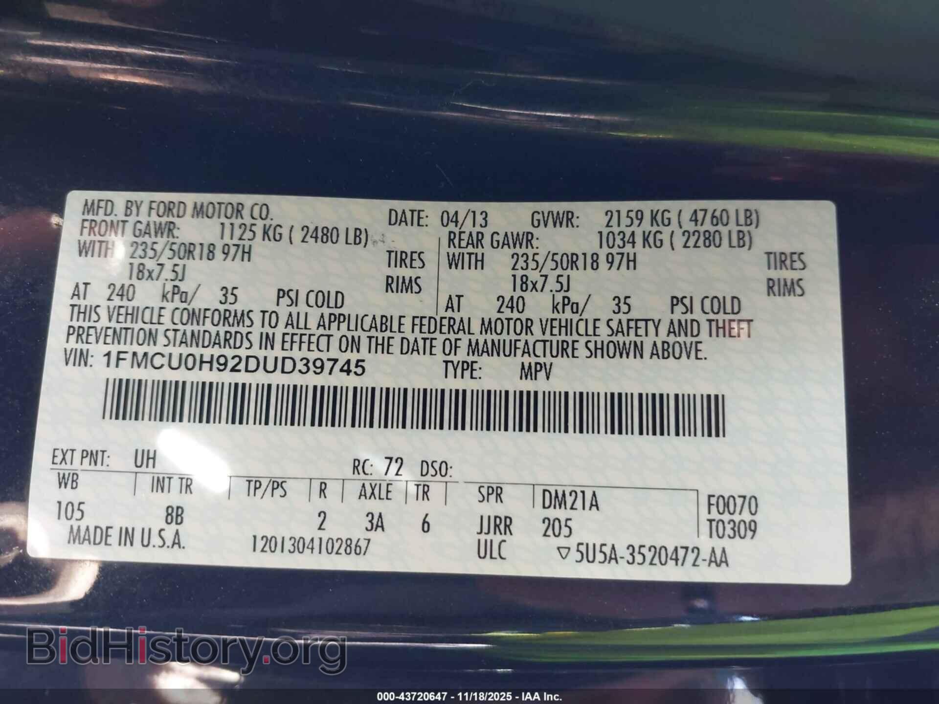 2013 FORD ESCAPE - VIN: 1FMCU0H92DUD39745 - Фото 9