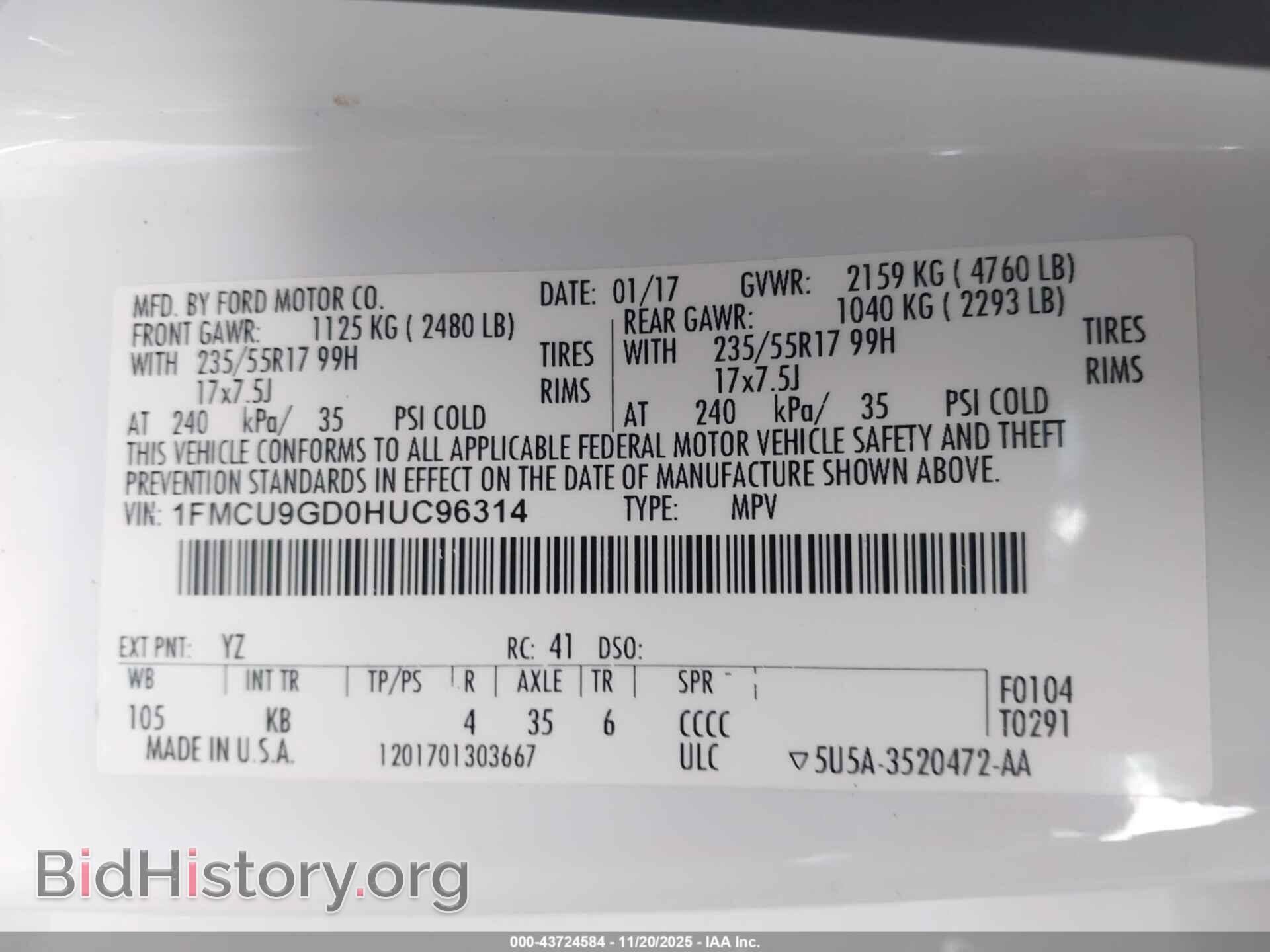 2017 FORD ESCAPE - VIN: 1FMCU9GD0HUC96314 - Фото 9