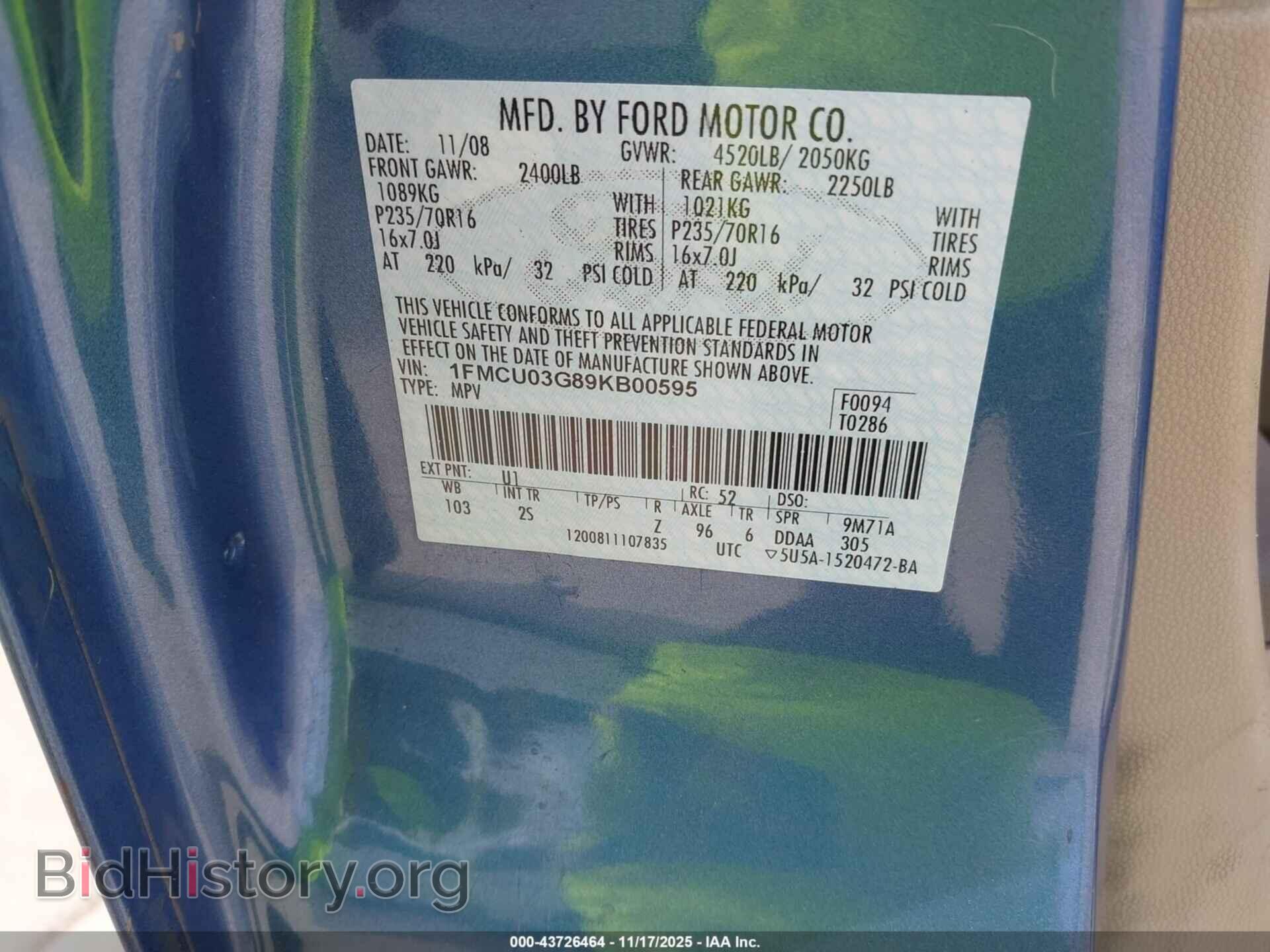 2009 FORD ESCAPE - VIN: 1FMCU03G89KB00595 - Фото 9