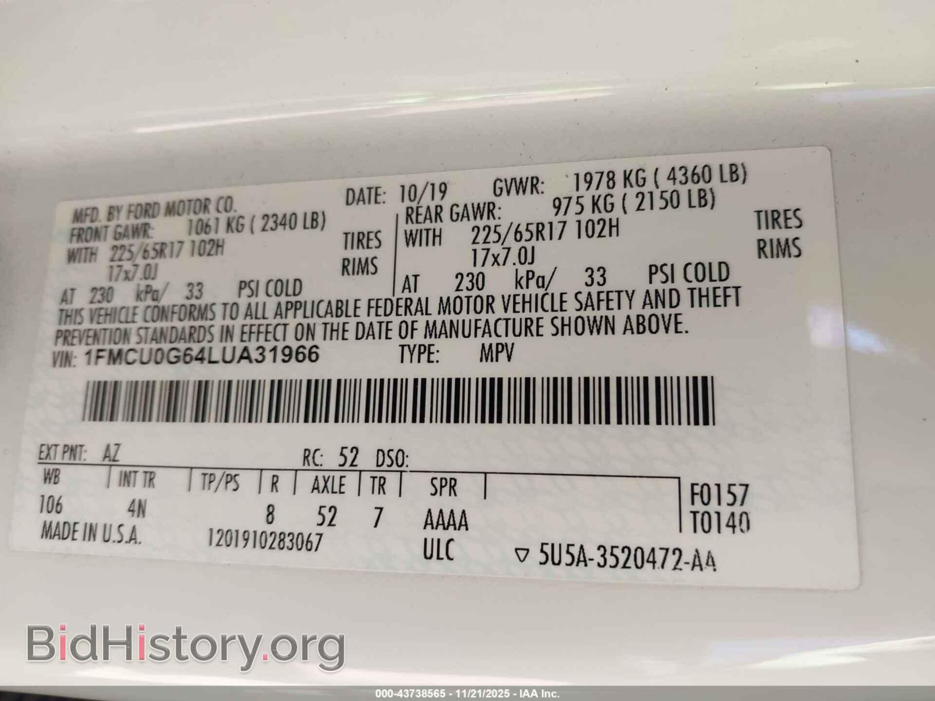 2020 FORD ESCAPE - VIN: 1FMCU0G64LUA31966 - Фото 9