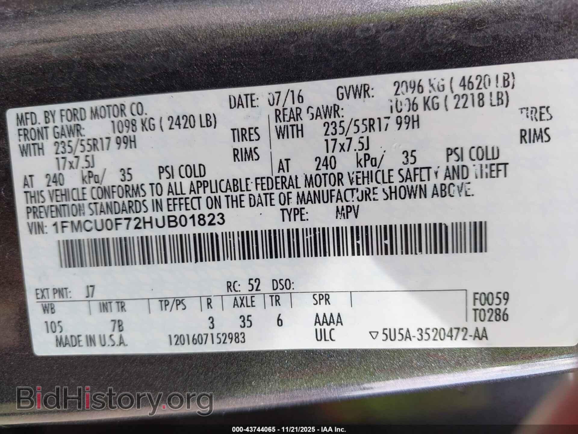 2017 FORD ESCAPE - VIN: 1FMCU0F72HUB01823 - Фото 9