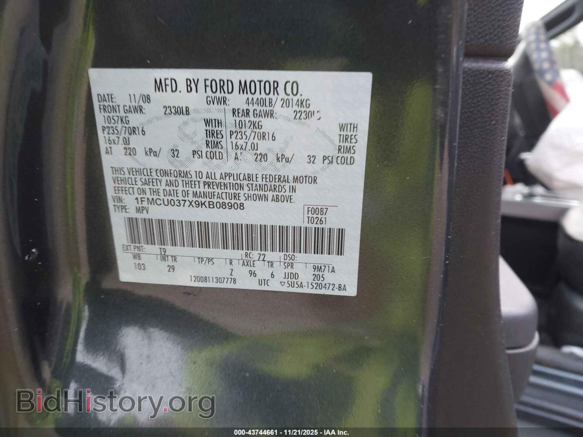 2009 FORD ESCAPE - VIN: 1FMCU037X9KB08908 - Фото 9