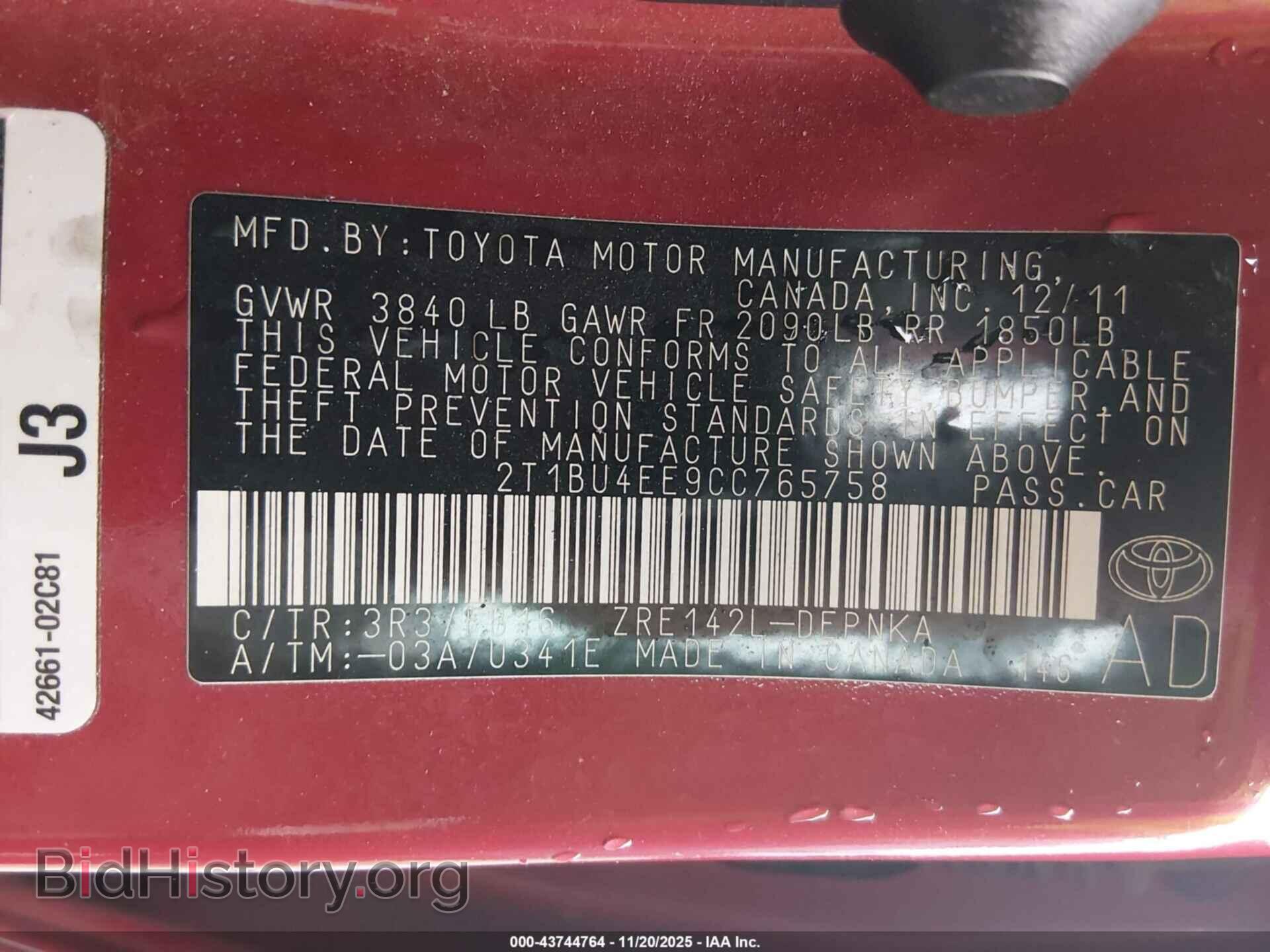 2012 TOYOTA COROLLA - VIN: 2T1BU4EE9CC765758 - Фото 9