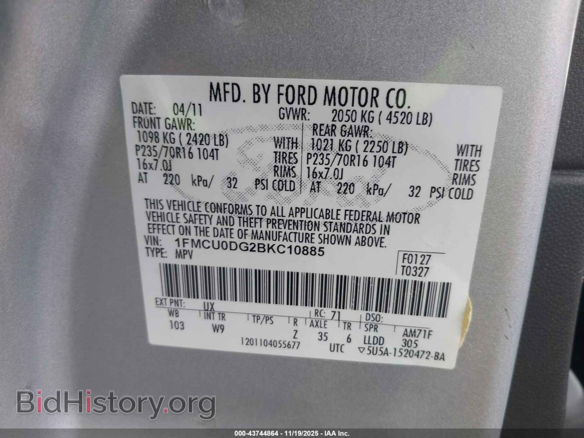 2011 FORD ESCAPE - VIN: 1FMCU0DG2BKC10885 - Фото 9