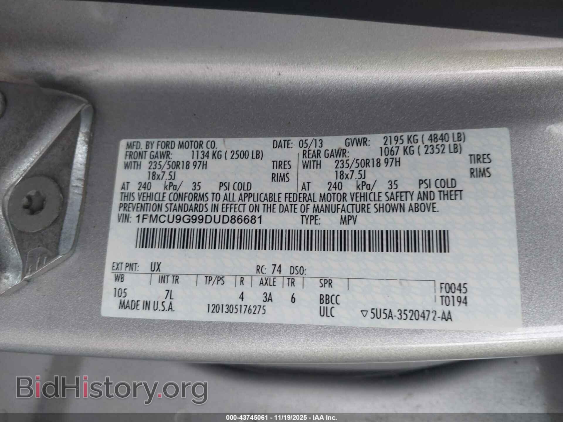 2013 FORD ESCAPE - VIN: 1FMCU9G99DUD86681 - Фото 9