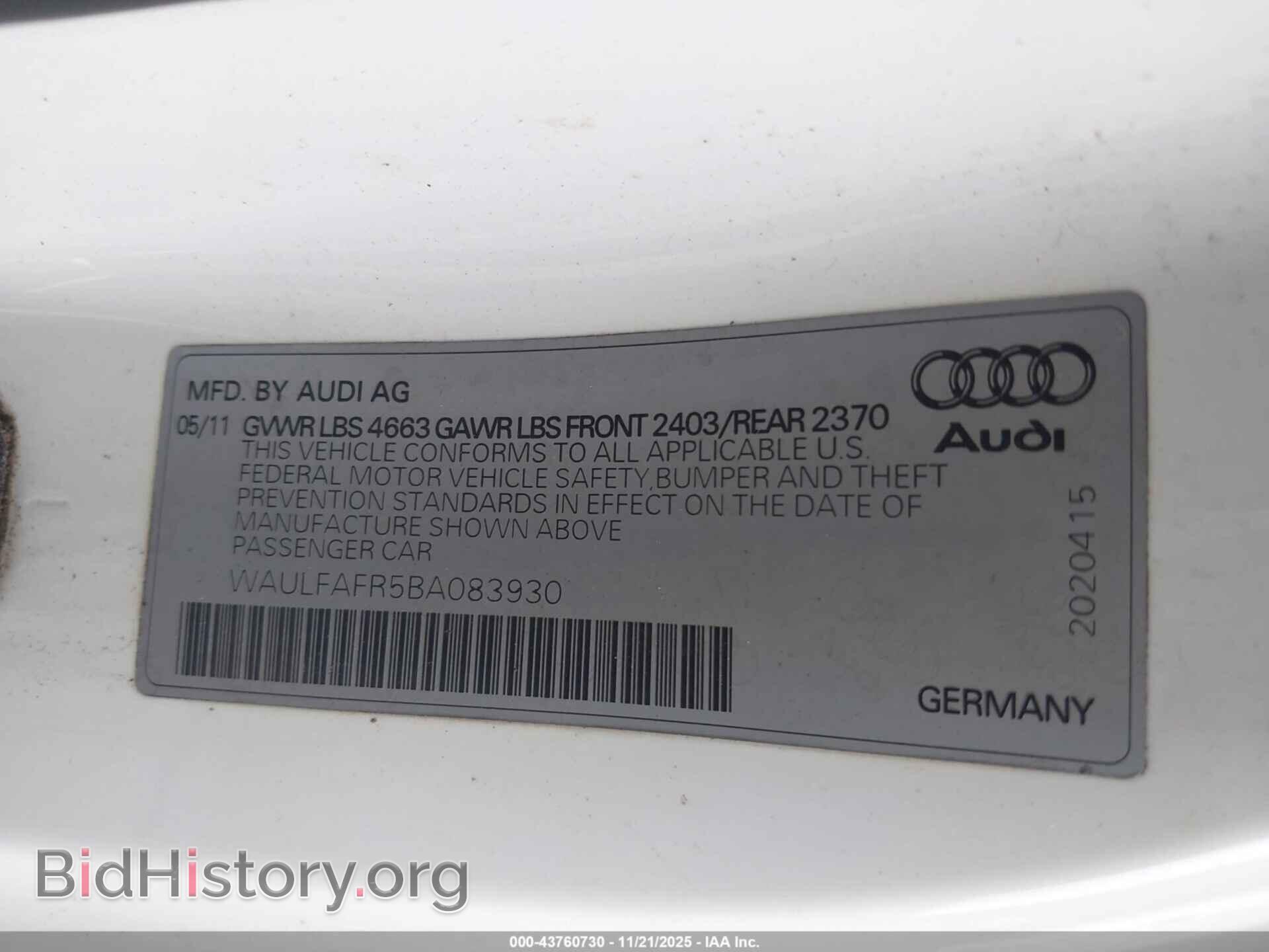 2011 AUDI A5 - VIN: WAULFAFR5BA083930 - Фото 9