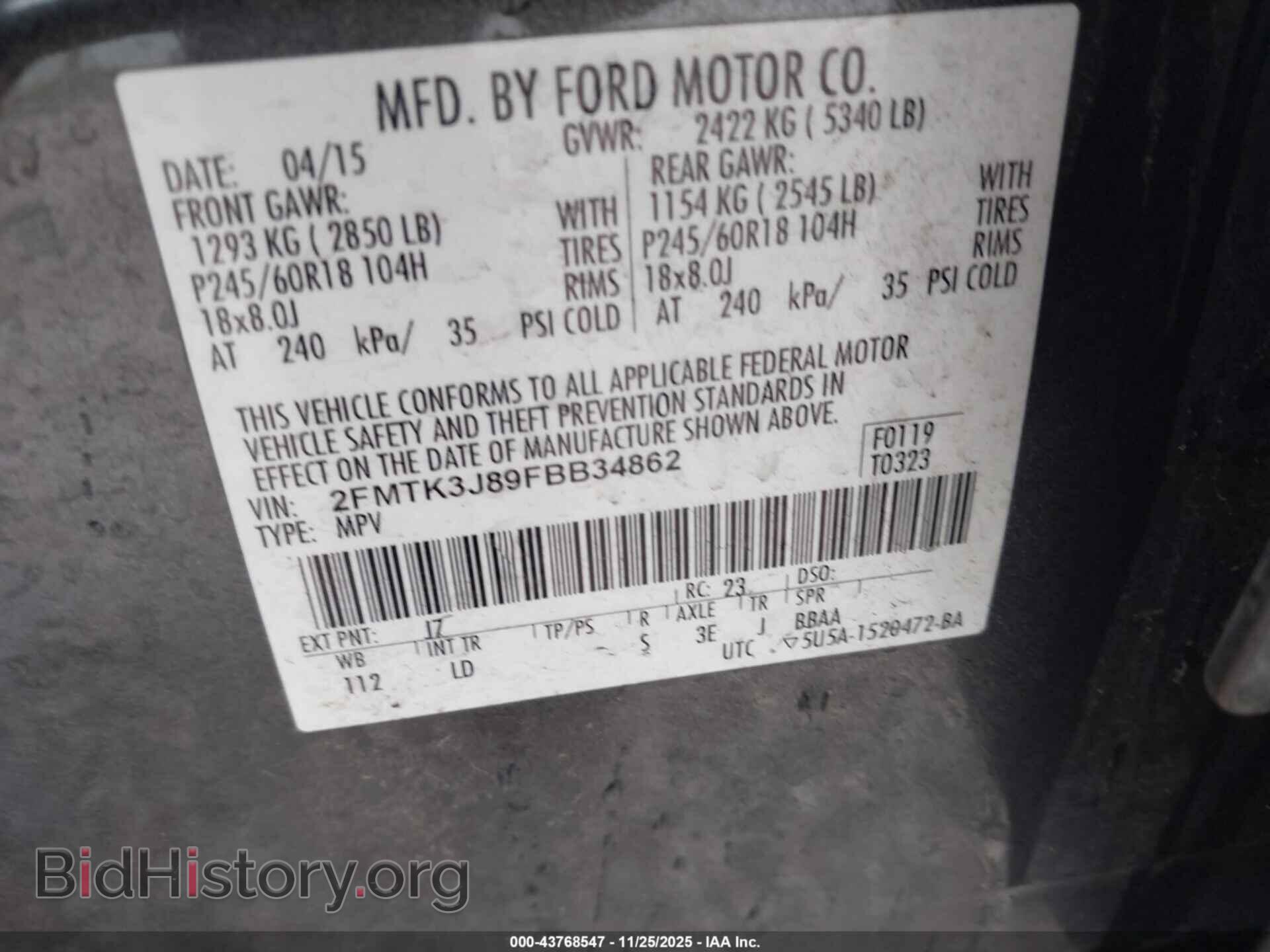 2015 FORD EDGE - VIN: 2FMTK3J89FBB34862 - Photo 9