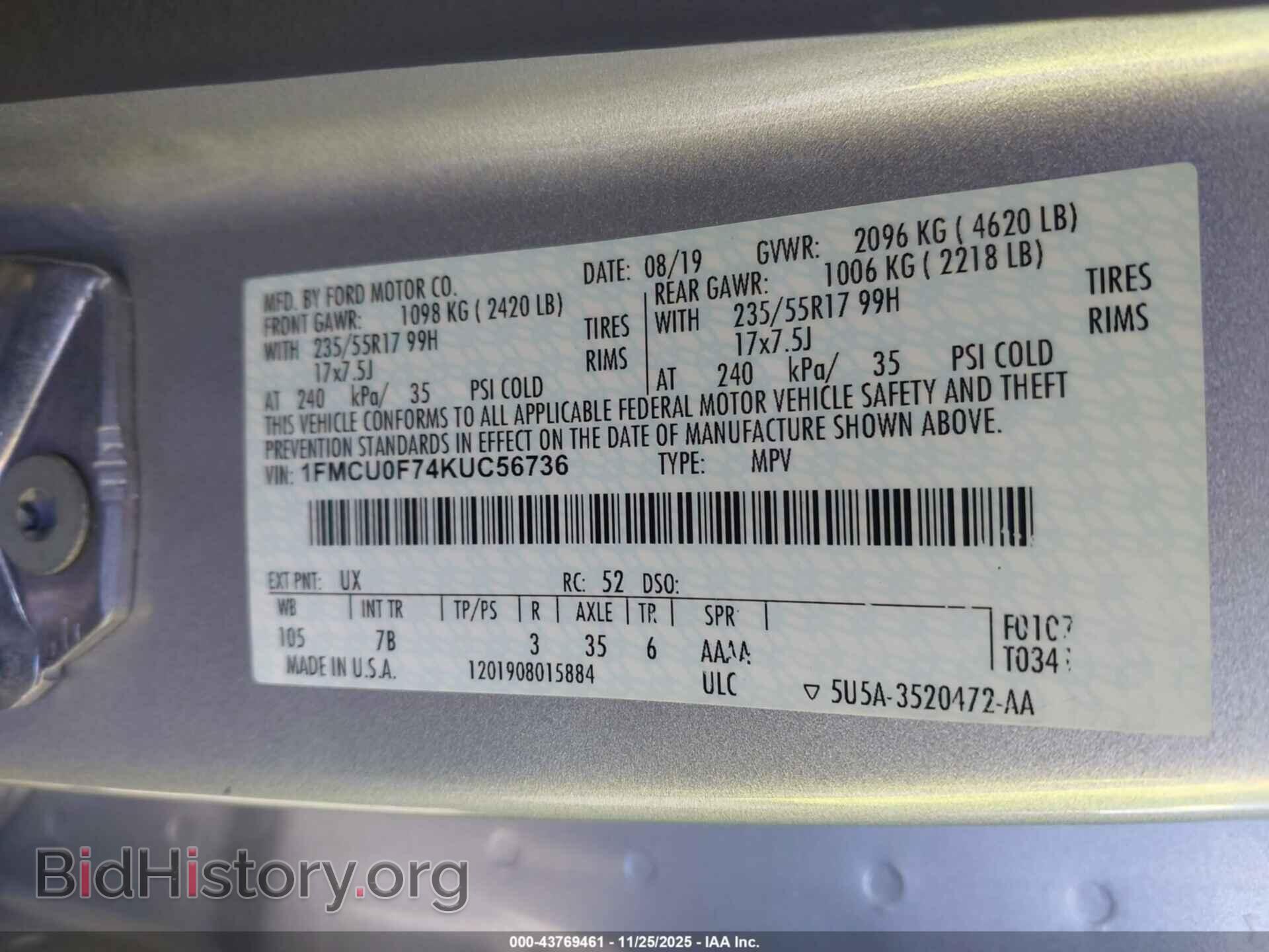 2019 FORD ESCAPE - VIN: 1FMCU0F74KUC56736 - Фото 9