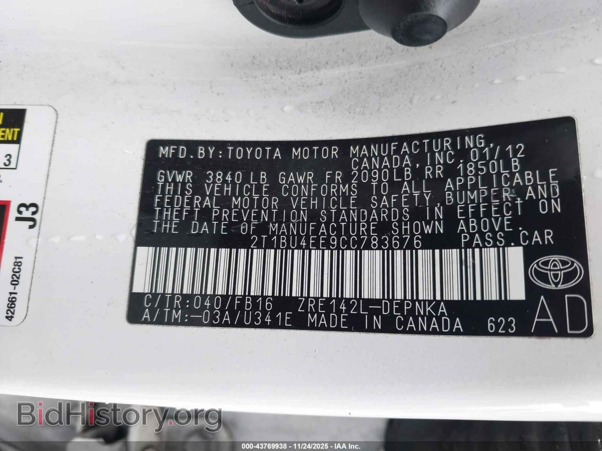 2012 TOYOTA COROLLA - VIN: 2T1BU4EE9CC783676 - Фото 9