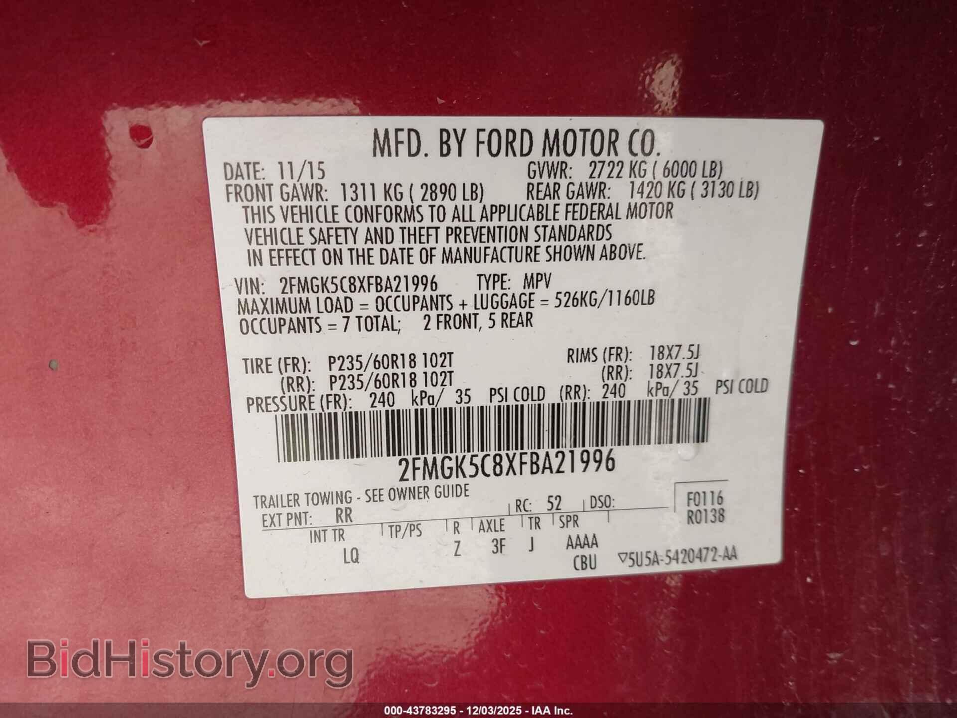 2015 FORD FLEX - VIN: 2FMGK5C8XFBA21996 - Фото 9
