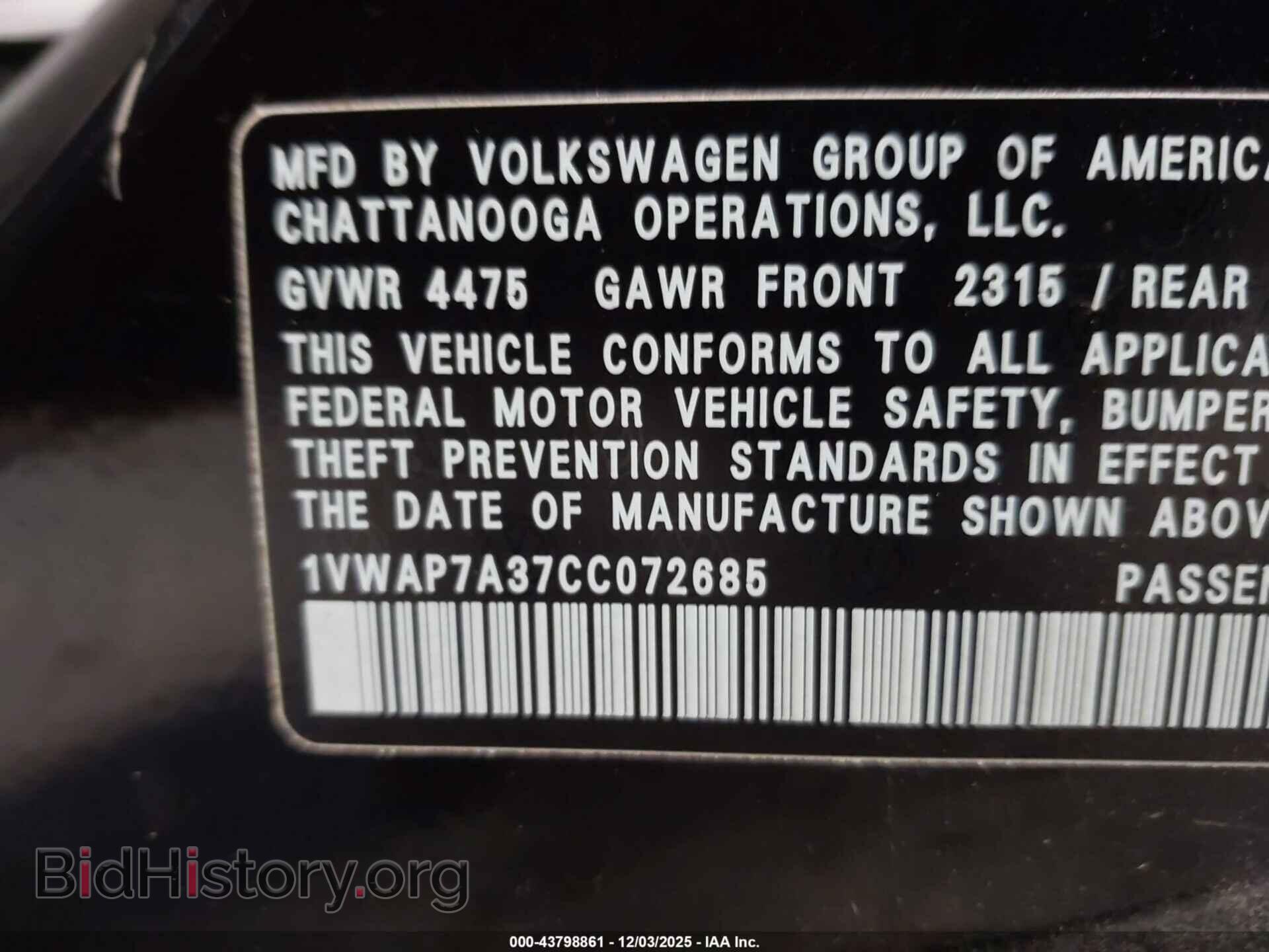 2012 VOLKSWAGEN PASSAT - VIN: 1VWAP7A37CC072685 - Фото 9