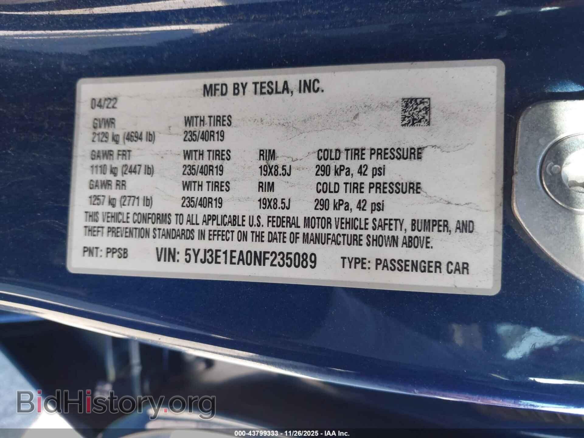 2022 TESLA MODEL 3 - VIN: 5YJ3E1EA0NF235089 - Фото 9