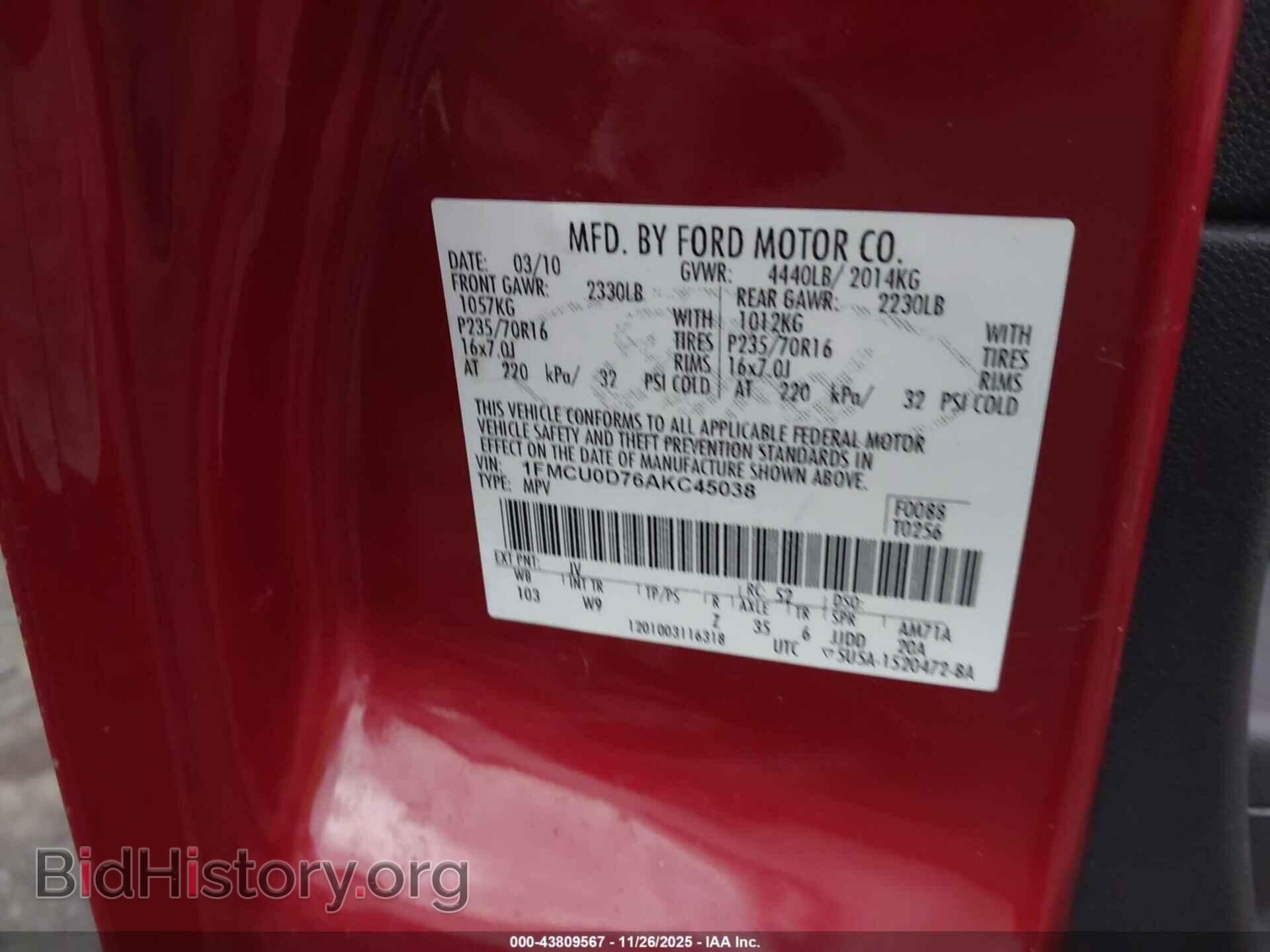 2010 FORD ESCAPE - VIN: 1FMCU0D76AKC45038 - Фото 9