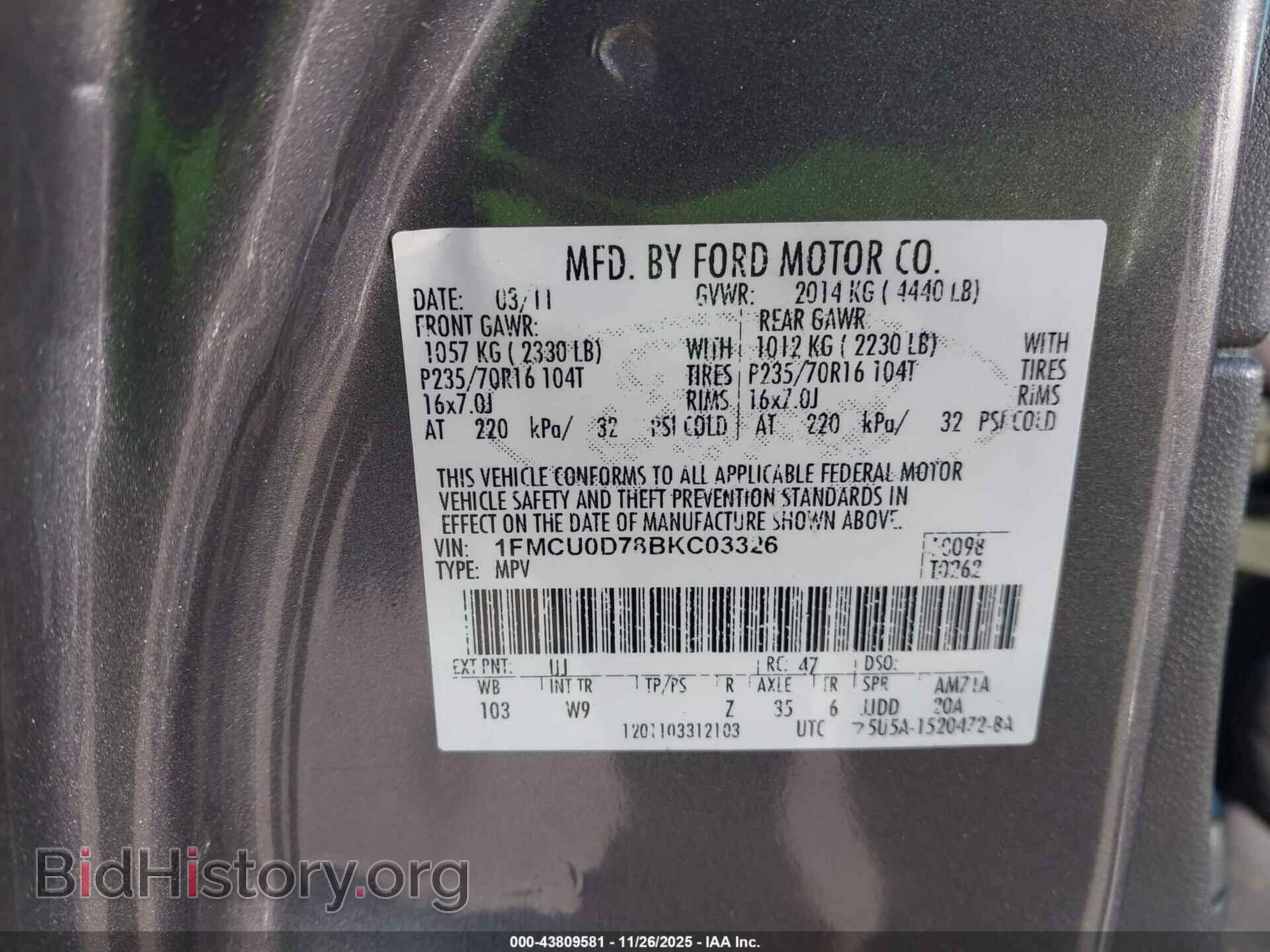 2011 FORD ESCAPE - VIN: 1FMCU0D78BKC03326 - Фото 9