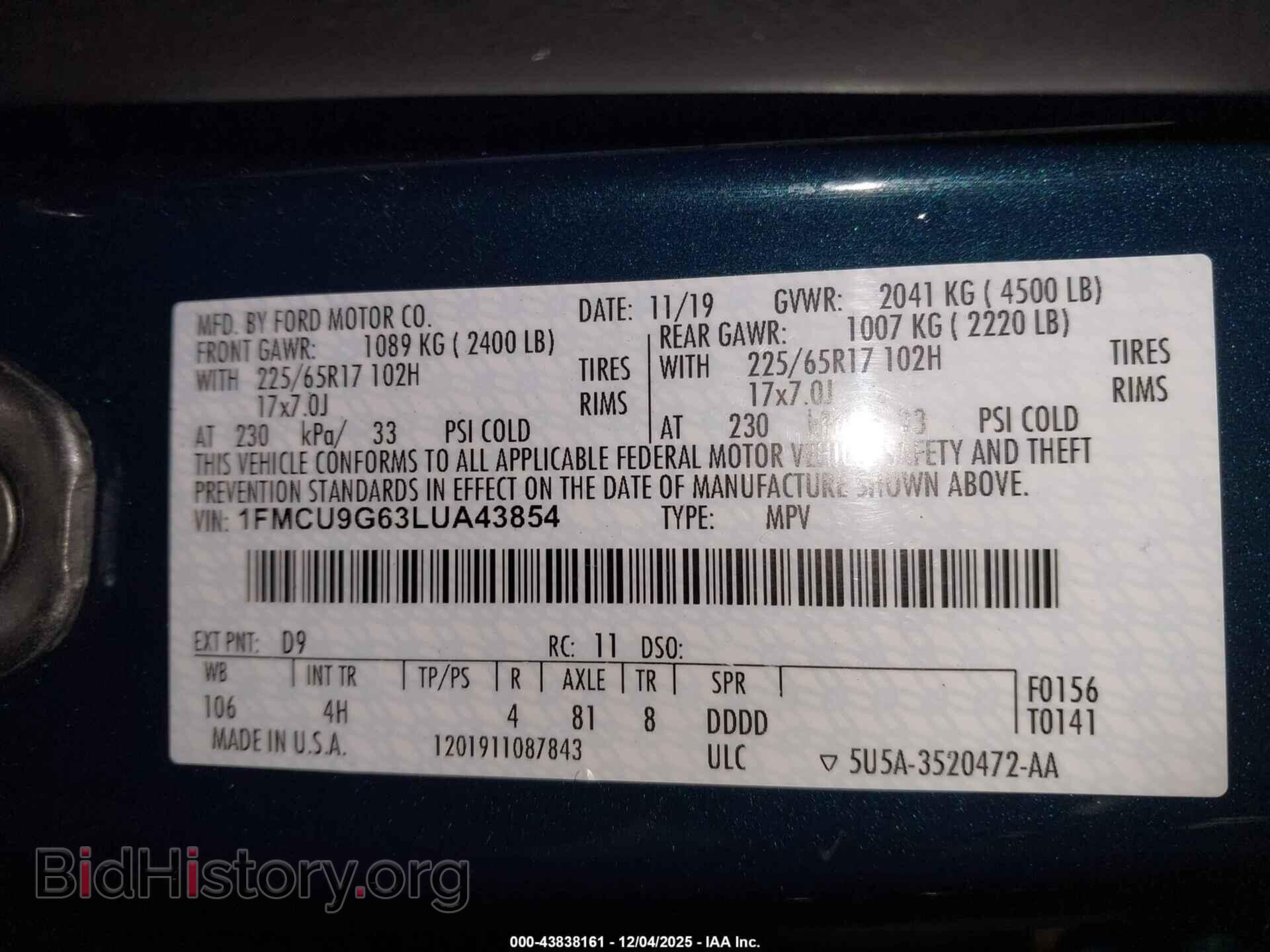 2020 FORD ESCAPE - VIN: 1FMCU9G63LUA43854 - Фото 9