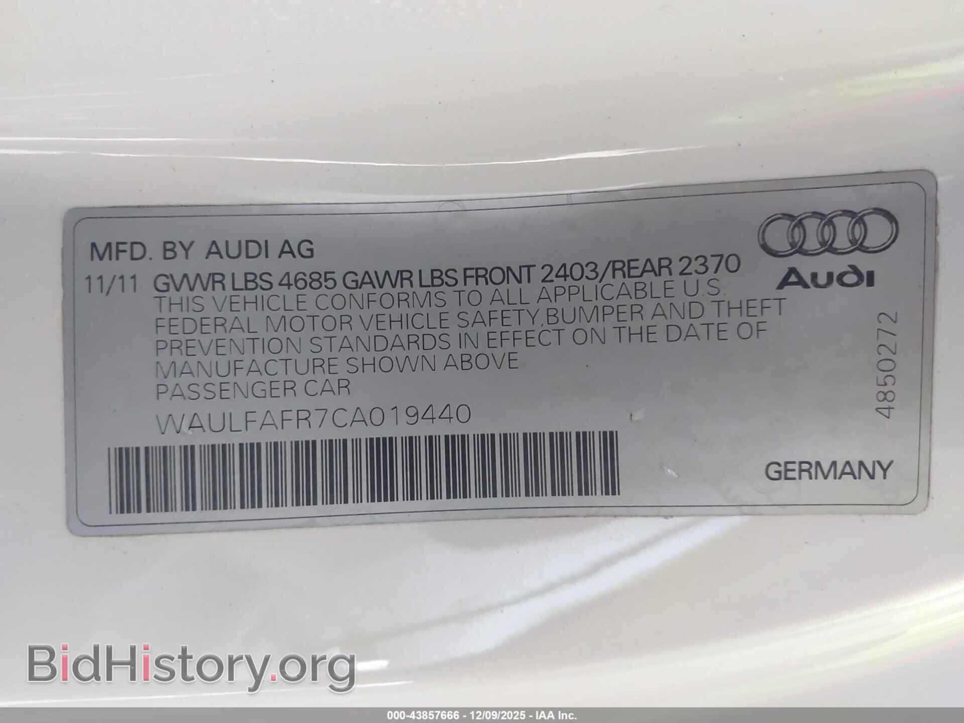 2012 AUDI A5 - VIN: WAULFAFR7CA019440 - Фото 9
