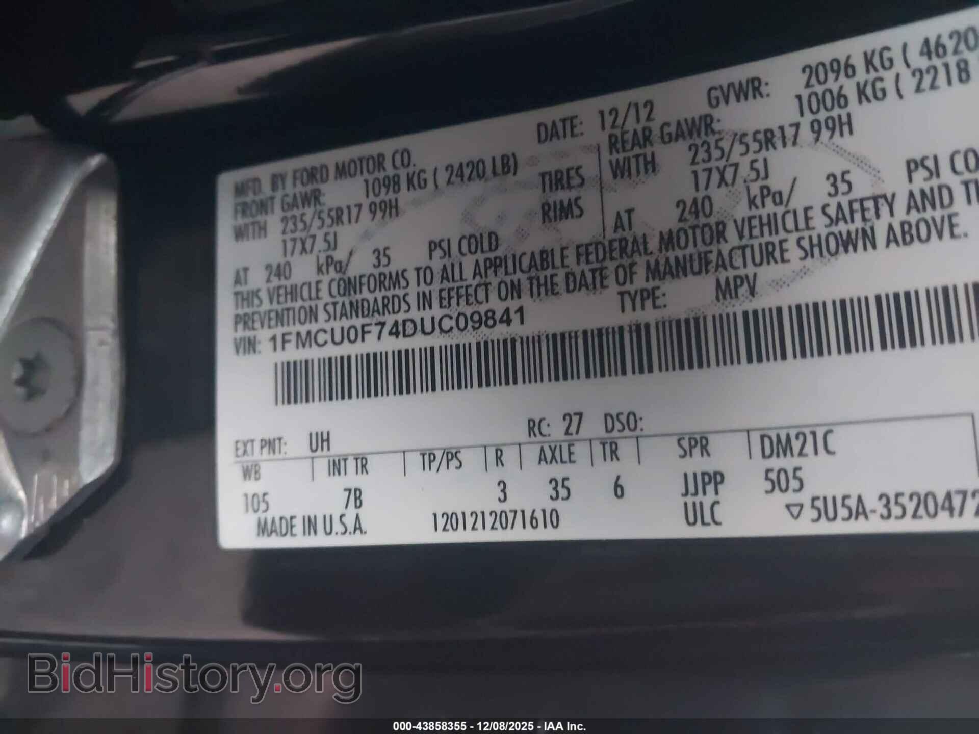 2013 FORD ESCAPE - VIN: 1FMCU0F74DUC09841 - Фото 9