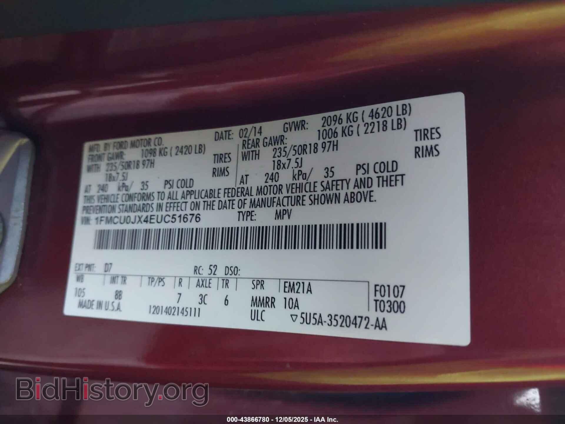 2014 FORD ESCAPE - VIN: 1FMCU0JX4EUC51676 - Фото 9
