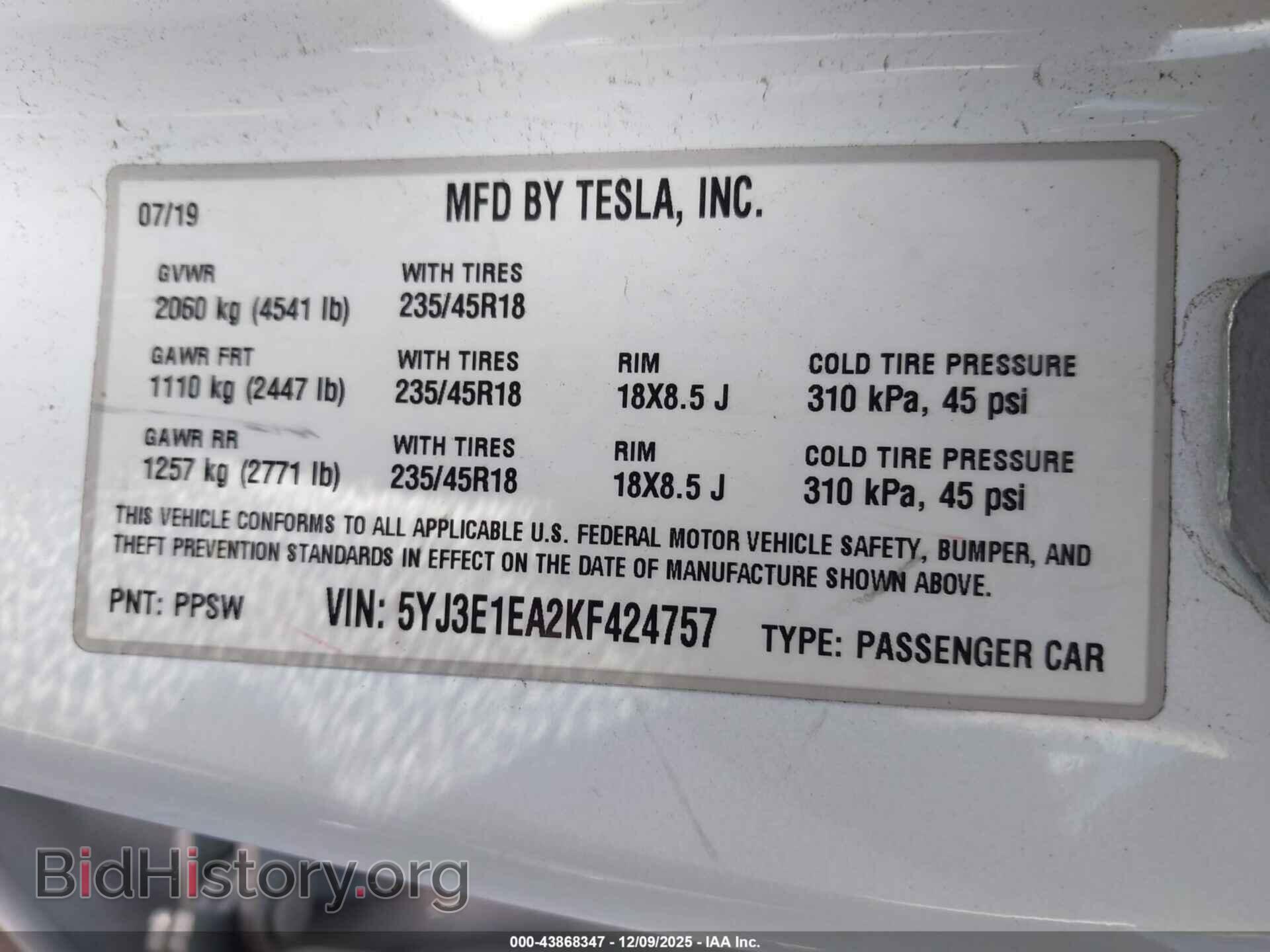 2019 TESLA MODEL 3 - VIN: 5YJ3E1EA2KF424757 - Фото 9