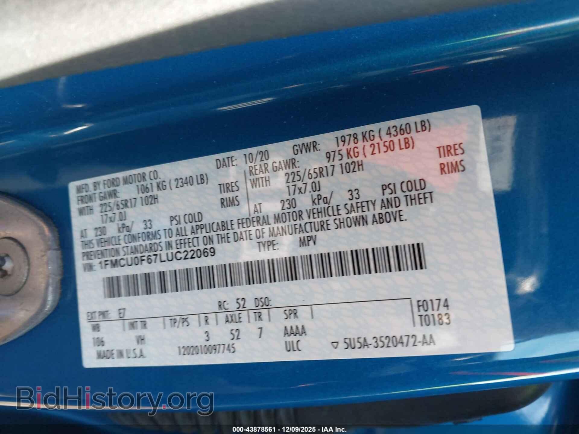2020 FORD ESCAPE - VIN: 1FMCU0F67LUC22069 - Фото 9