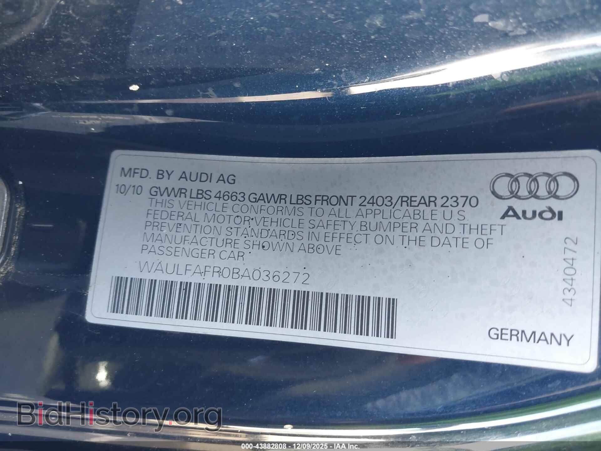 2011 AUDI A5 - VIN: WAULFAFR0BA036272 - Фото 9