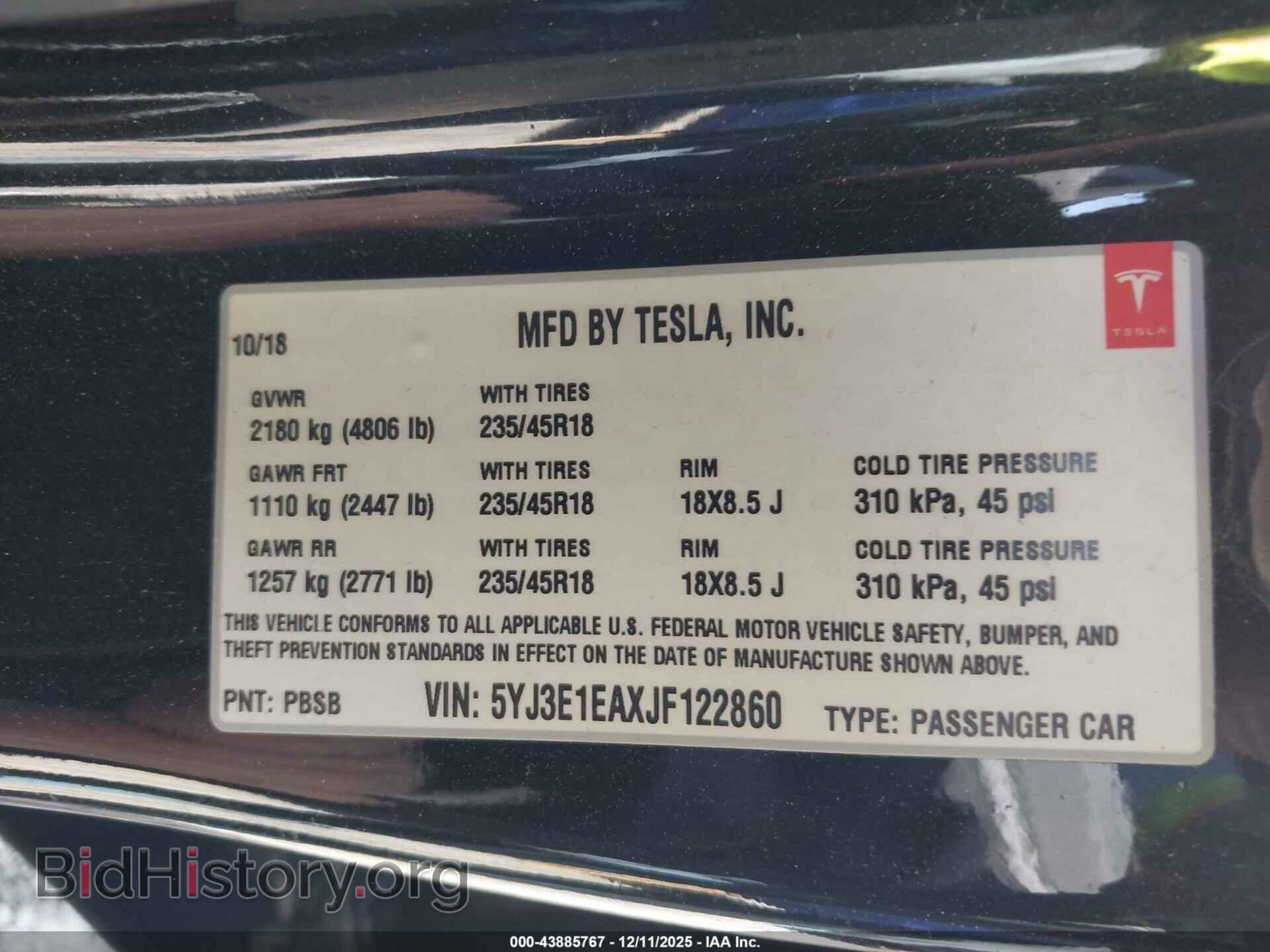2018 TESLA MODEL 3 - VIN: 5YJ3E1EAXJF122860 - Фото 9